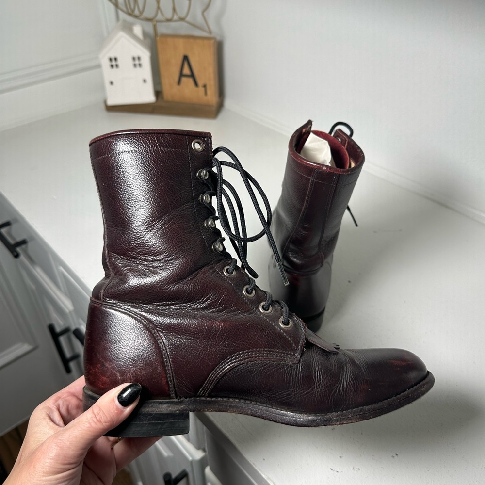 Justin Vintage Kiltie Lace-Up Boots Women’s 6.5B Burgundy Brown Leather USA - Picture 6 of 9